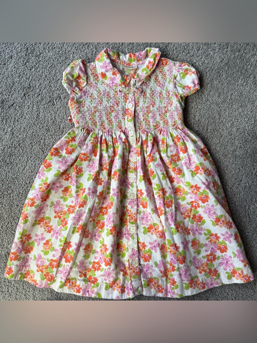 Vintage Laura Ashley Pink & Orange Floral Smocked Button-Front Dress